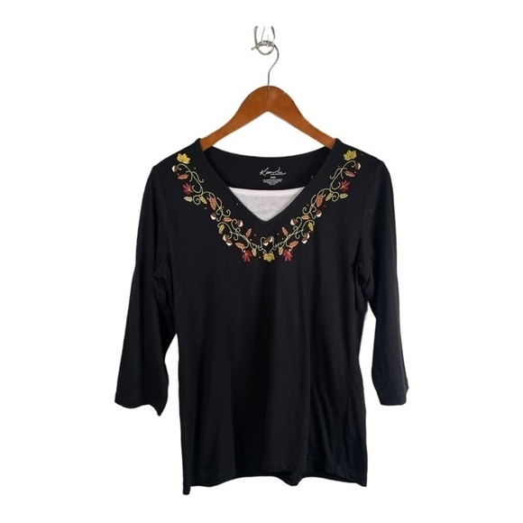 𝅺KIM Rogers Fall Embroidered 3/4 Sleeve Top Size Petite Medium - Picture 1 of 4